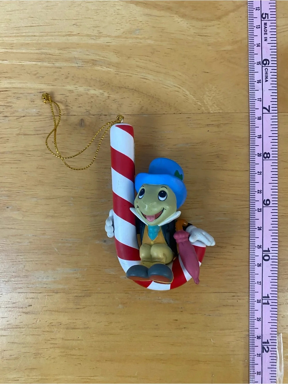Vintage 90s Jiminy Cricket on Candy Cane Christmas Ornament with Box